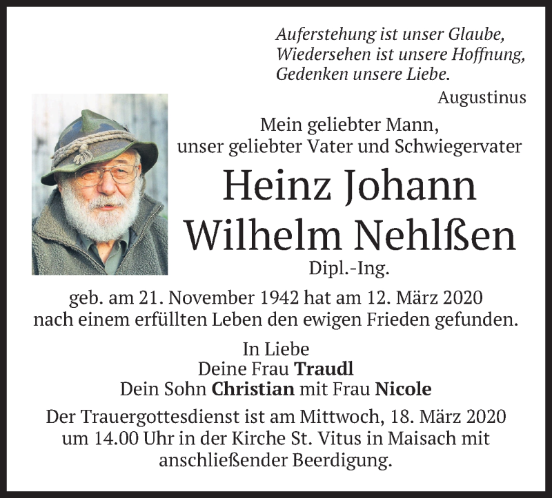  Traueranzeige für Heinz Johann Wilhelm Nehlßen vom 14.03.2020 aus merkurtz