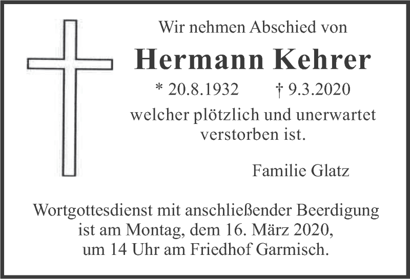  Traueranzeige für Hermann Kehrer vom 14.03.2020 aus merkurtz