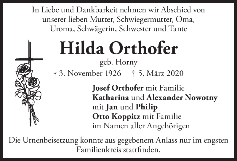  Traueranzeige für Hilda Orthofer vom 27.03.2020 aus merkurtz
