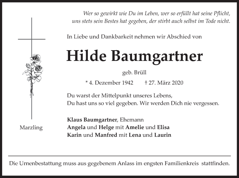  Traueranzeige für Hilde Baumgartner vom 30.03.2020 aus merkurtz