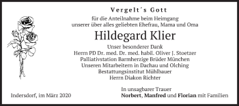 Traueranzeige von Hildegard Klier von merkurtz
