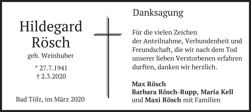  Traueranzeige für Hildegard Rösch vom 14.03.2020 aus merkurtz