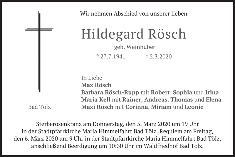  Traueranzeige für Hildegard Rösch vom 04.03.2020 aus merkurtz