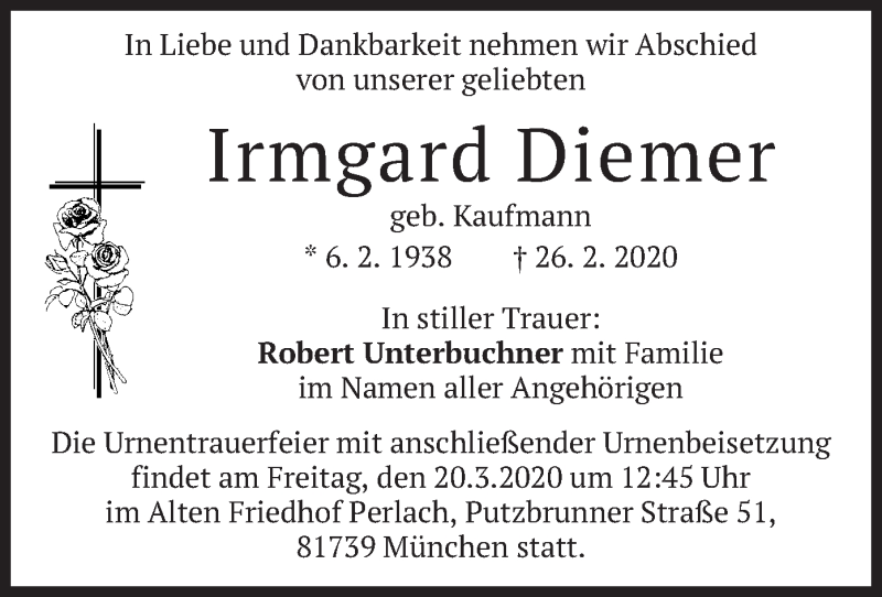  Traueranzeige für Irmgard Diemer vom 14.03.2020 aus merkurtz
