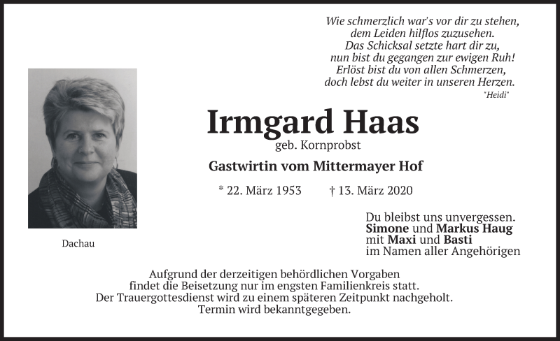  Traueranzeige für Irmgard Haas vom 18.03.2020 aus merkurtz