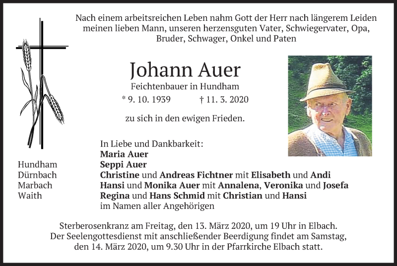  Traueranzeige für Johann Auer vom 12.03.2020 aus merkurtz