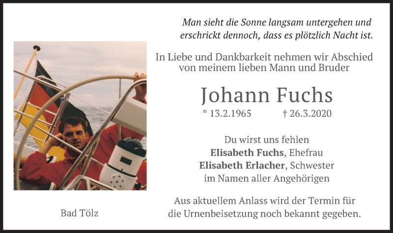  Traueranzeige für Johann Fuchs vom 28.03.2020 aus merkurtz