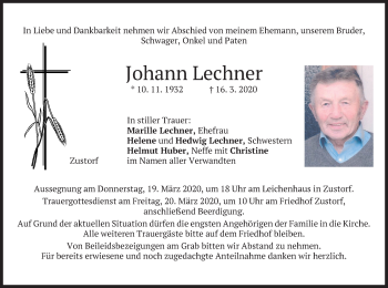 Traueranzeige von Johann Lechner von merkurtz