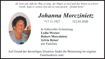 Traueranzeige von Johanna Morczinietz von merkurtz