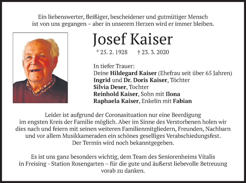  Traueranzeige für Josef Kaiser vom 25.03.2020 aus merkurtz