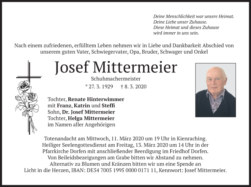  Traueranzeige für Josef Mittermeier vom 10.03.2020 aus merkurtz