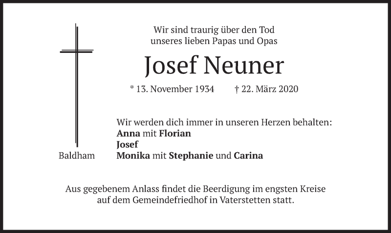  Traueranzeige für Josef Neuner vom 25.03.2020 aus merkurtz