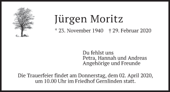 Traueranzeige von Jürgen Moritz von merkurtz