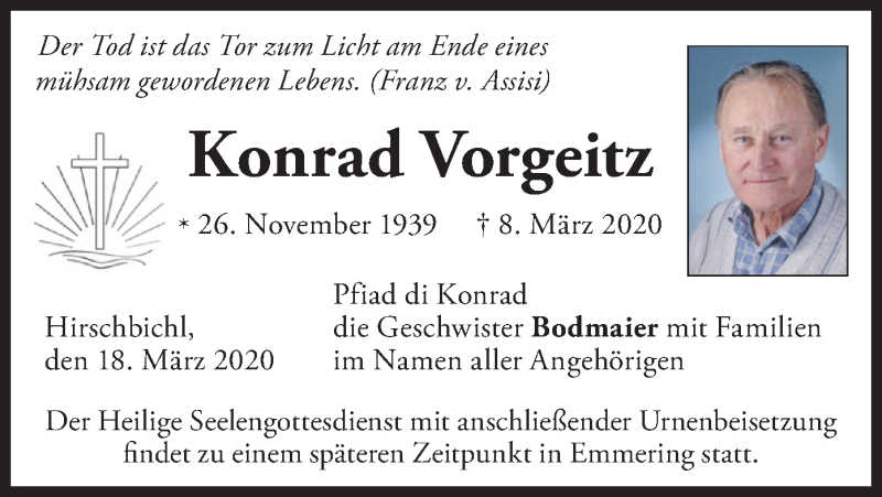  Traueranzeige für Konrad Vorgeitz vom 18.03.2020 aus merkurtz