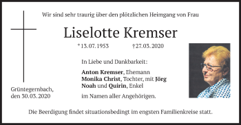 Traueranzeige von Liselotte Kremser von merkurtz