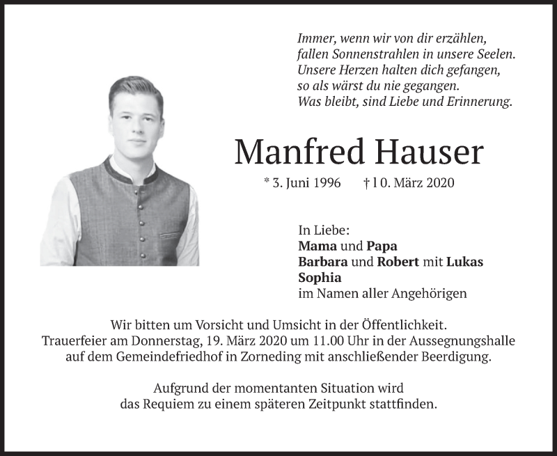  Traueranzeige für Manfred Hauser vom 17.03.2020 aus merkurtz