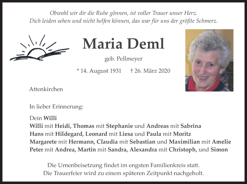 Traueranzeigen von Maria Deml | trauer.merkur.de