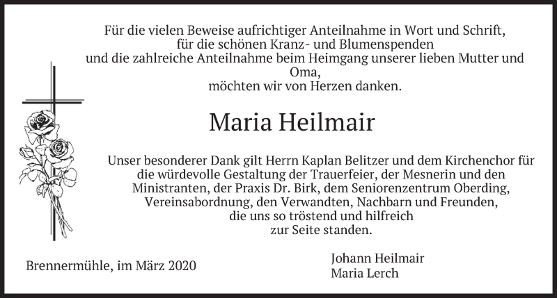  Traueranzeige für Maria Heilmair vom 14.03.2020 aus merkurtz
