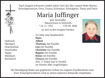 Traueranzeige von Maria Juffinger von merkurtz