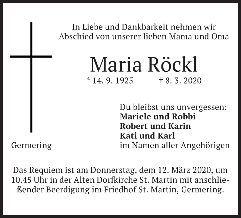  Traueranzeige für Maria Röckl vom 11.03.2020 aus merkurtz