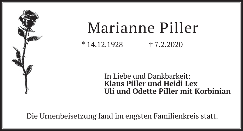  Traueranzeige für Marianne Piller vom 10.03.2020 aus merkurtz