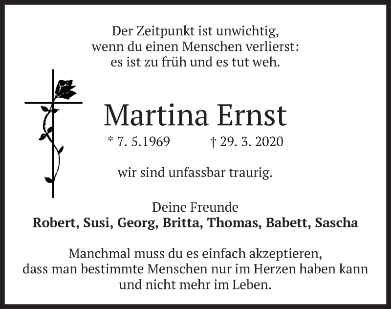  Traueranzeige für Martina Ernst vom 30.03.2020 aus merkurtz