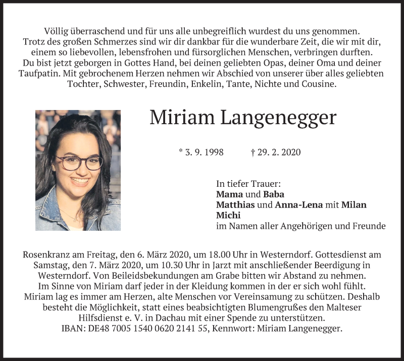  Traueranzeige für Miriam  Langenegger vom 05.03.2020 aus merkurtz