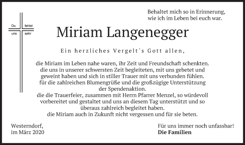  Traueranzeige für Miriam  Langenegger vom 28.03.2020 aus merkurtz