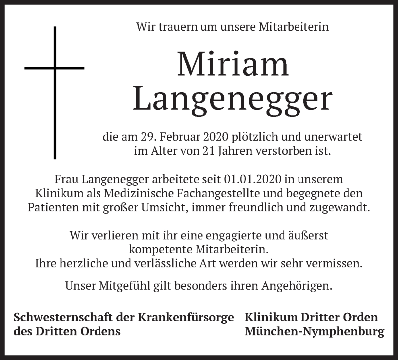  Traueranzeige für Miriam  Langenegger vom 06.03.2020 aus merkurtz