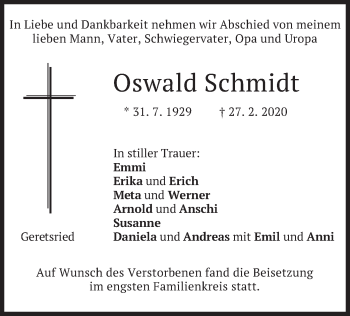 Traueranzeige von Oswald Schmidt von merkurtz