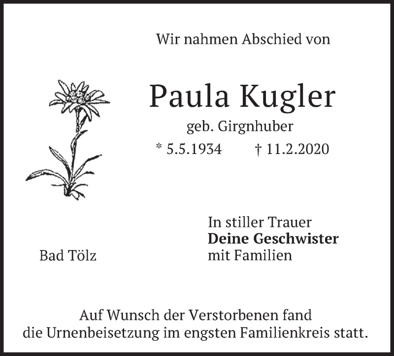  Traueranzeige für Paula Kugler vom 07.03.2020 aus merkurtz