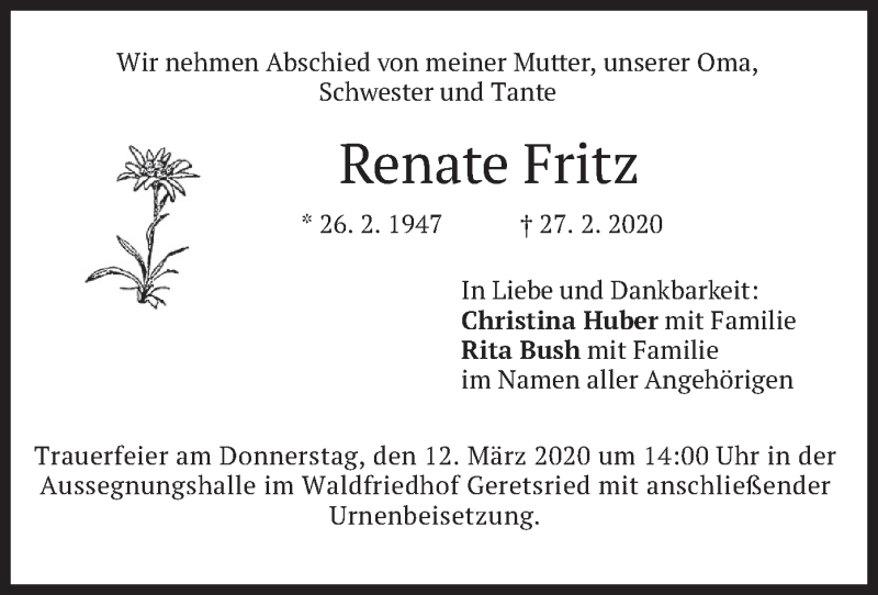  Traueranzeige für Renate Fritz vom 07.03.2020 aus merkurtz