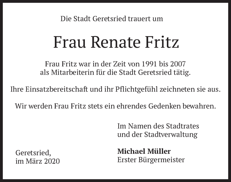  Traueranzeige für Renate Fritz vom 07.03.2020 aus merkurtz