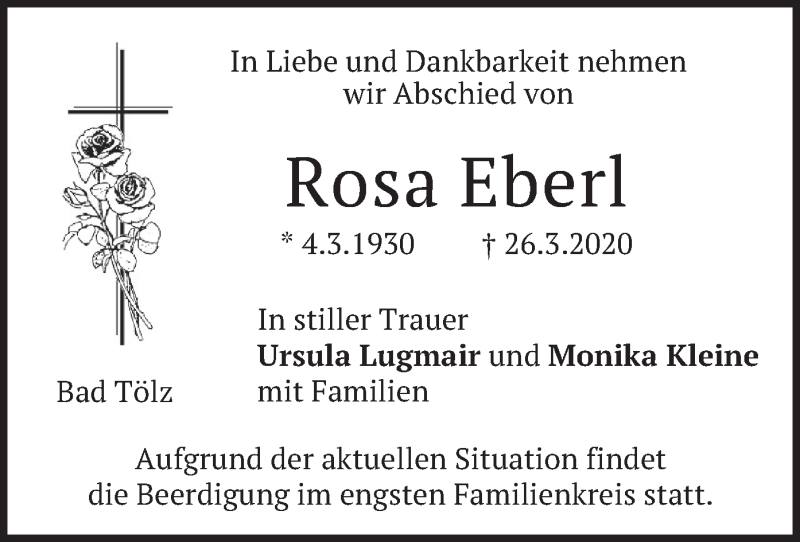  Traueranzeige für Rosa Eberl vom 28.03.2020 aus merkurtz