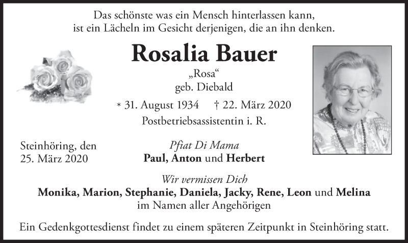  Traueranzeige für Rosalia Bauer vom 25.03.2020 aus merkurtz