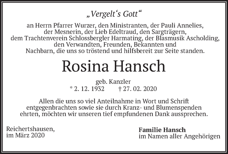  Traueranzeige für Rosina Hansch vom 28.03.2020 aus merkurtz
