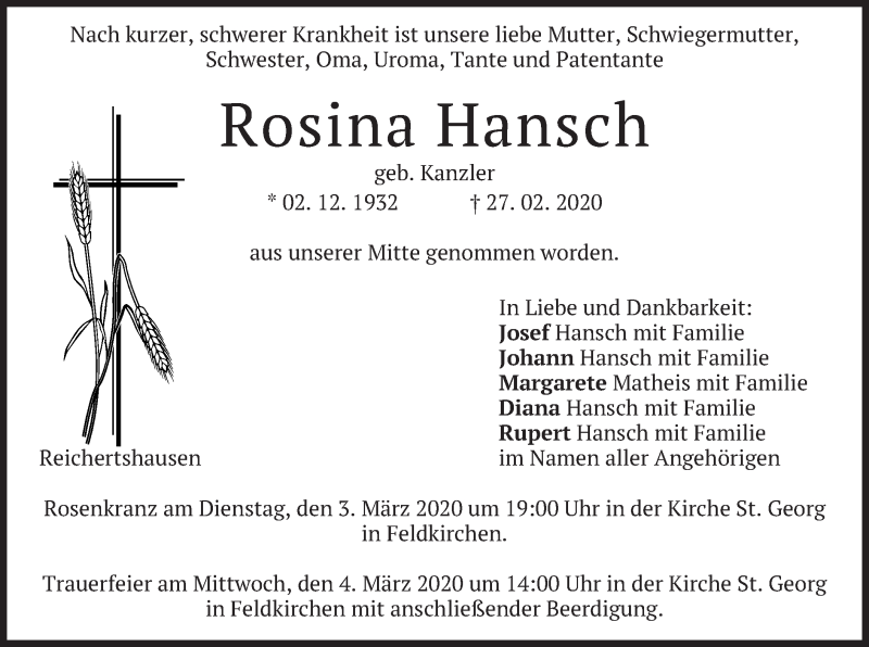  Traueranzeige für Rosina Hansch vom 02.03.2020 aus merkurtz