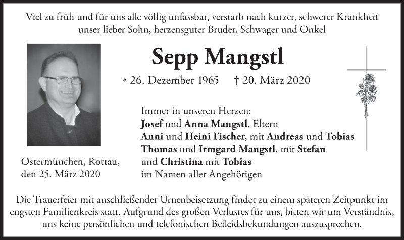  Traueranzeige für Sepp Mangstl vom 25.03.2020 aus merkurtz