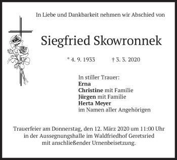 Traueranzeige von Siegfried Skowronnek von merkurtz