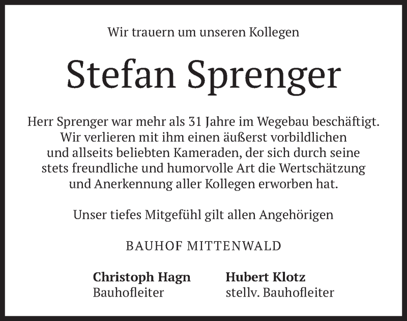  Traueranzeige für Stefan Sprenger vom 12.03.2020 aus merkurtz