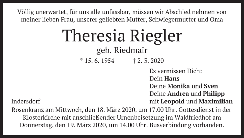  Traueranzeige für Theresia Riegler vom 14.03.2020 aus merkurtz