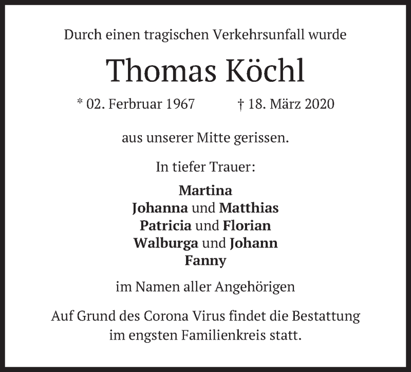  Traueranzeige für Thomas Köchl vom 21.03.2020 aus merkurtz