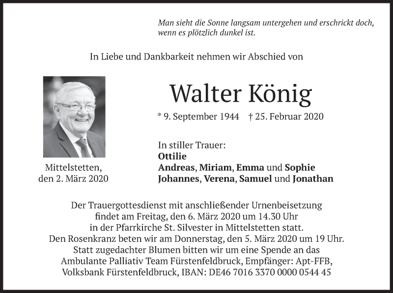  Traueranzeige für Walter König vom 02.03.2020 aus merkurtz