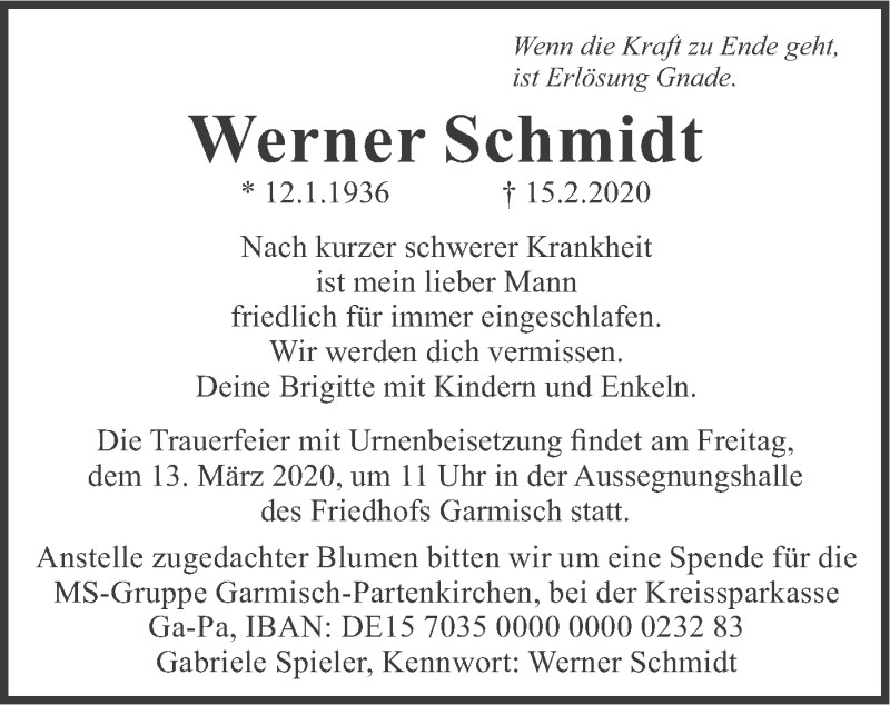  Traueranzeige für Werner Schmidt  vom 07.03.2020 aus merkurtz