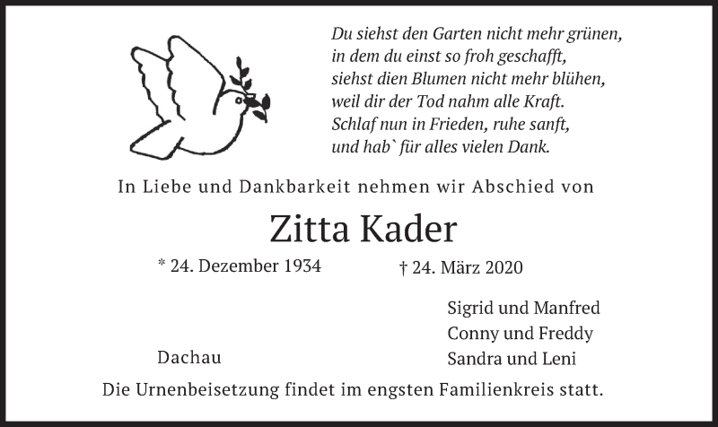 Traueranzeige für Zitta Kader vom 28.03.2020 aus merkurtz