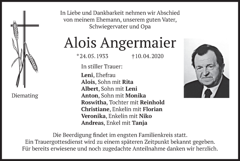  Traueranzeige für Alois Angermaier vom 14.04.2020 aus merkurtz