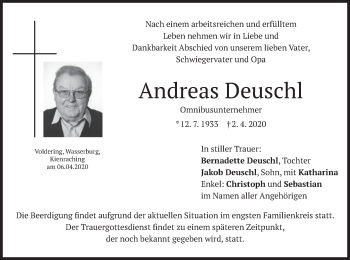 Traueranzeige von Andreas Deuschl von merkurtz