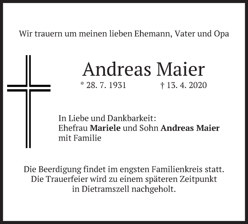  Traueranzeige für Andreas Maier vom 15.04.2020 aus merkurtz