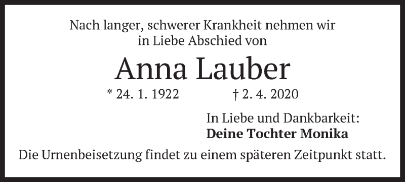  Traueranzeige für Anna Lauber vom 11.04.2020 aus merkurtz