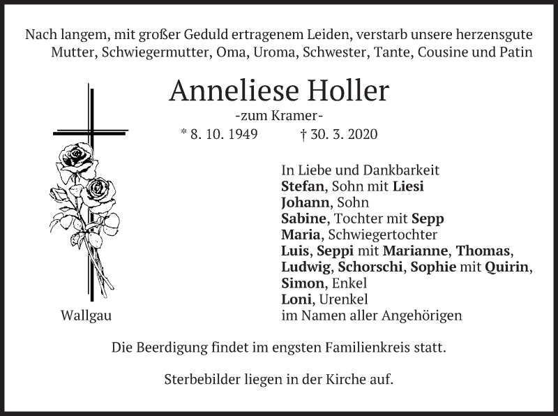  Traueranzeige für Anneliese Holler vom 01.04.2020 aus merkurtz